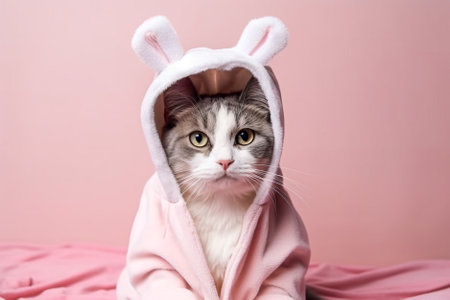 Cute british shorthair cat wearing bunny ears on pink background. Generative AI.の素材