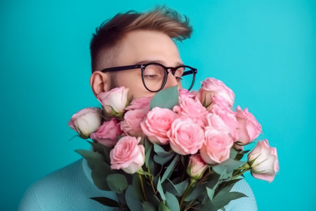 men with glasses and a bouquet of pink roses on a blue background. Generative AI.の素材
