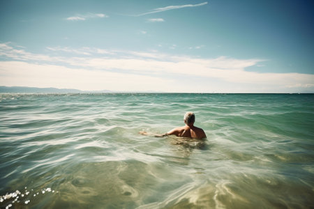 A man swims in the sea on a hot summer day. Generative AI.の素材