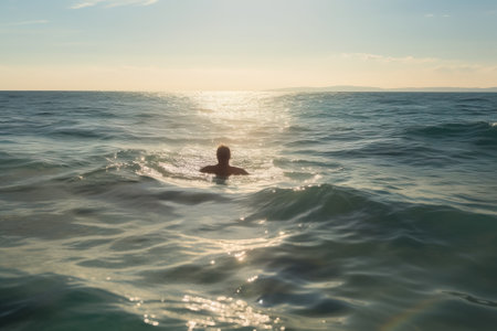 A man swims in the sea on a hot summer day. Generative AI.の素材