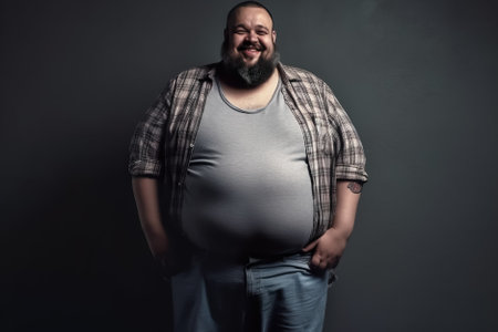 Fat man in a plaid shirt and jeans on a gray background. Generative AI.の素材