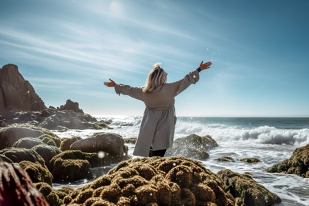 Young woman in a white coat standing on the rocks by the sea. Generative AI.の素材