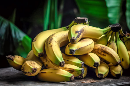 Bunch of bananas on wooden table in the garden. selective focus. Generative AI.の素材