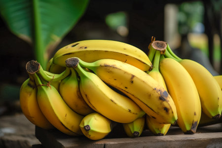 Bunch of bananas on wooden table in the garden. selective focus. Generative AI.の素材