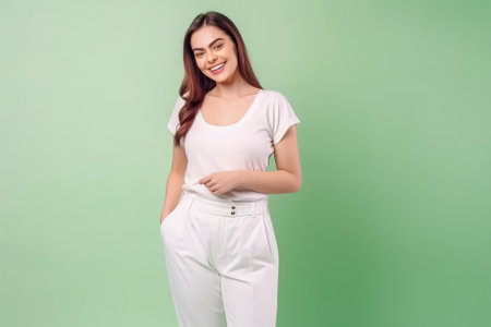 Portrait of a beautiful young woman in a white T-shirt on a green background. Generative AI.の素材