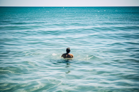 A man swims in the sea on a hot summer day. Generative AI.の素材