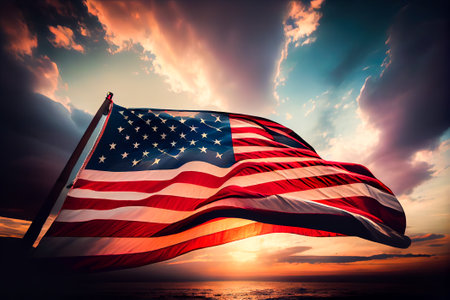 abstract american flag on blue sky background. Generative AI, Generative, AI.の素材