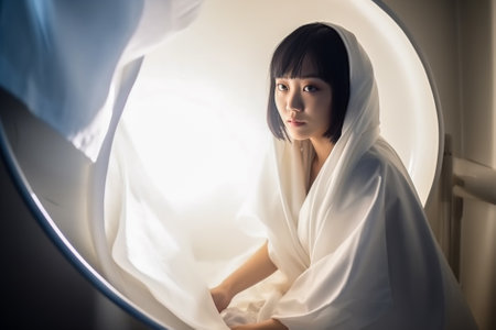 beautiful asian woman wake up in the morning, lifestyle concept. Generative AI.の素材