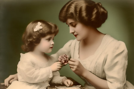 old black and white photo of mother and daughter. Generative AI.の素材
