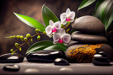 zen basalt stones and orchid flower on the black background. Generative AI.の素材