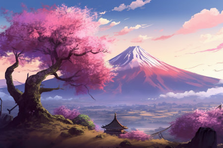Fuji and cherry blossom season background, Japan. Generative AI.の素材