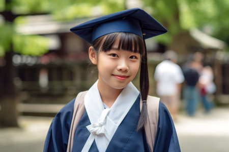 Portrait of a young asian girl in graduation cap and gown. Generative AI.の素材