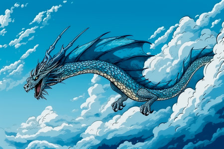 Dragon flying in the blue sky with clouds. illustration of fantasy dragon. Generative AI.の素材
