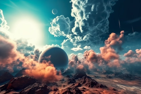 fantasy alien planet. mountain and lake. Generative AI.の素材