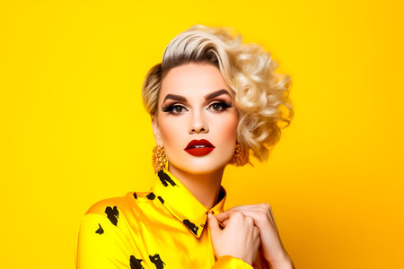 Close-up portrait of a transvestite with bright make-up and yellow hair. Generative AI.の素材