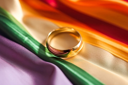 wedding rings on a background of the rainbow fabric close-up. Generative AI.の素材