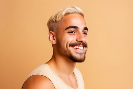 Portrait of a handsome young man smiling on beige background. Generative AI.の素材