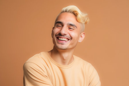 Portrait of a handsome young man smiling on beige background. Generative AI.の素材