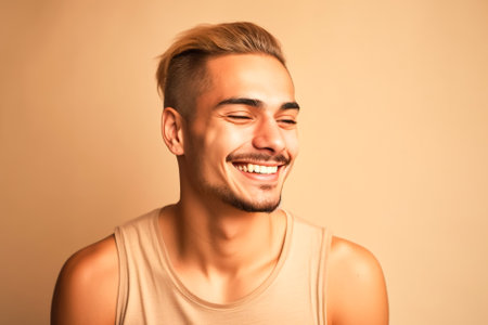 Portrait of a handsome young man smiling on beige background. Generative AI.の素材