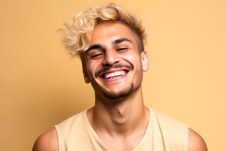 Portrait of a handsome young man smiling on beige background. Generative AI.の素材