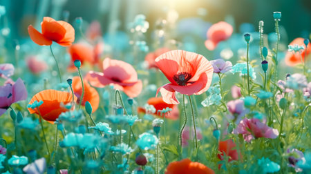 Field of poppies and daisies on blue sky background. Generative AI.の素材