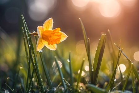 Yellow daffodil with dew drops on green grass in sunlight. Generative AI.の素材