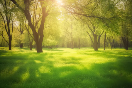Spring landscape with meadow and trees in the rays of the sun. Generative AI.の素材