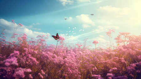 Beautiful meadow with flowers and butterfly. nature background. vintage style. Generative AI.の素材