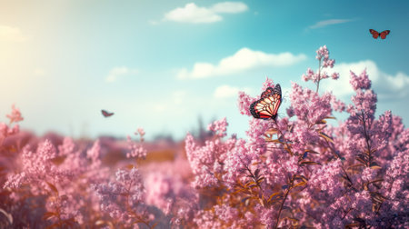 Beautiful meadow with flowers and butterfly. nature background. vintage style. Generative AI.の素材