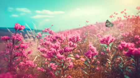 Beautiful meadow with flowers and butterfly. nature background. vintage style. Generative AI.の素材