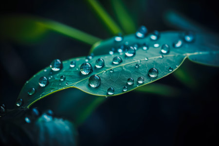 Green leaves with water drops. nature background. selective focus. Generative AI.の素材