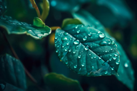 Green leaves with water drops. nature background. selective focus. Generative AI.の素材