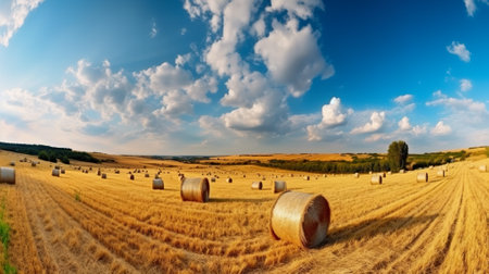 Panoramic view of hay bales in the field after harvest. Generative AI.の素材