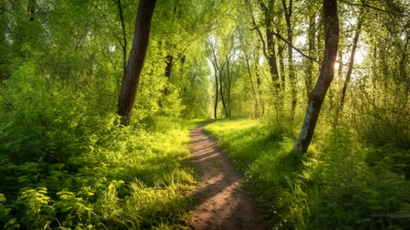 Path in the green forest, spring time. panoramic image. Generative AI.の素材