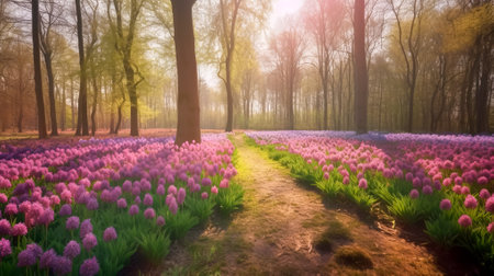 Beautiful pink hyacinths blooming in the forest at sunset. Generative AI.の素材