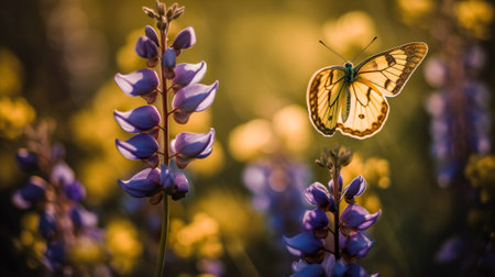 Butterfly on a purple lupine flower in the sunlight. Generative AI.の素材