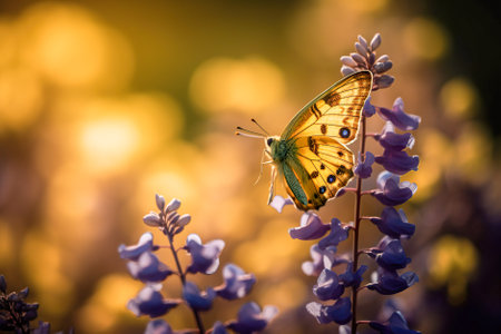 Butterfly on a purple lupine flower in the sunlight. Generative AI.の素材