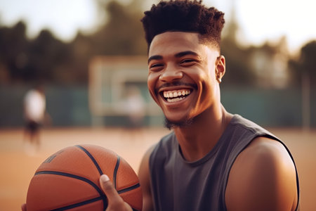 Portrait of smiling african american man holding basketball ball outdoors. Generative AI.の素材