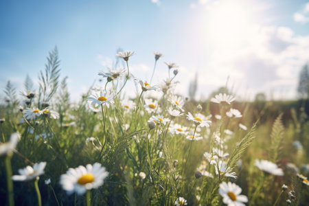 beautiful meadow with daisies at sunset. soft focus. Generative AI.の素材