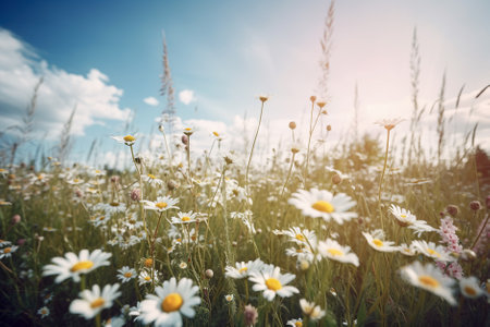 beautiful meadow with daisies at sunset. soft focus. Generative AI.の素材