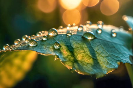 Water droplets on a green leaf with sun rays in the background. Generative AI.の素材