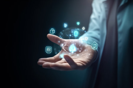 Close up of businesswoman hand holding multimedia icon in palm with dark background. Generative AI.の素材