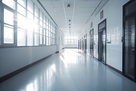 interior of a modern hospital corridor with white walls and glass doors. Generative AI.の素材