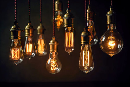 Vintage incandescent Edison light bulbs hanging on dark wall. Generative AI.の素材