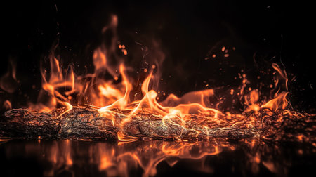 Fire flames on black background. Abstract blaze fire flame texture background. Generative AI.の素材