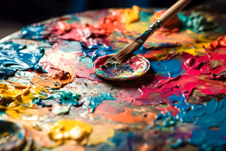 Paint brushes and palette of colors on wooden table, closeup. Generative AI/の素材