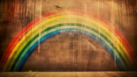 Grunge background with rainbow and wooden floor, vintage style. Generative AI.の素材