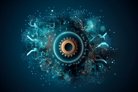 Abstract technology background with gear wheel and circuit board. Generative AI.の素材