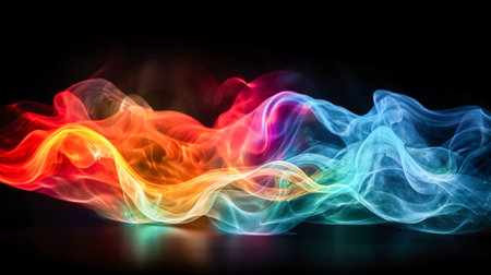 abstract colorful wavy lines on black background. Generative AI.の素材