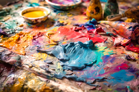 Paint brushes and palette of colors on wooden table, closeup. Generative AI/の素材